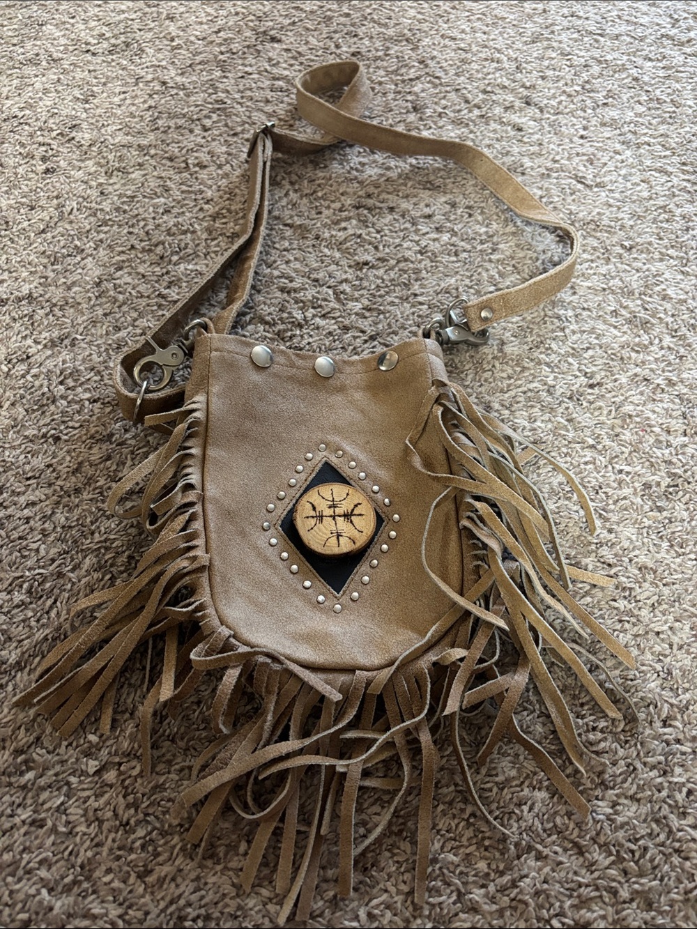 Fringed Suede Crossbody Bag in Tan